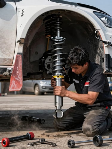 Rally mechanic working on suspension in the service park, dramatic lighting, tools and high-contrast details