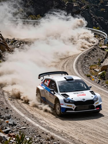 Dynamic high-angle shot of a rally car kicking up dust on a sharp mountain hairpin bend, dramatic natural daylight, clear route markings, 35mm lens