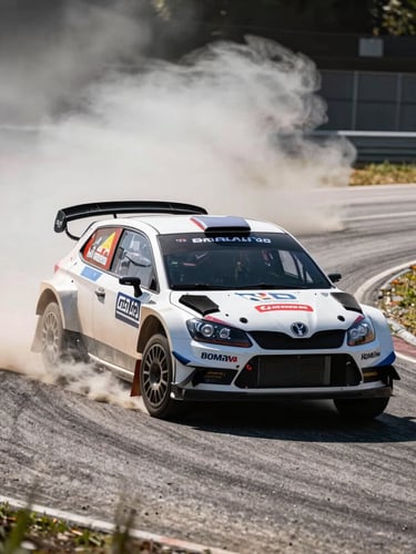 Dynamic motorsport photography, rally car drifting on asphalt, high-contrast daylight, motion blur, sharp action focus