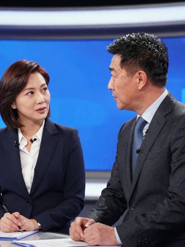 A medium close-up of two professional news anchors discussing reports in a modern television studio, dramatic key lighting, cinematic broadcast photography
