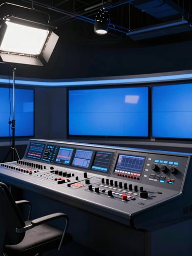 Cinematic broadcast photography of a modern television control room, dramatic studio key lighting, deep charcoal and electric blue tones, 35mm lens