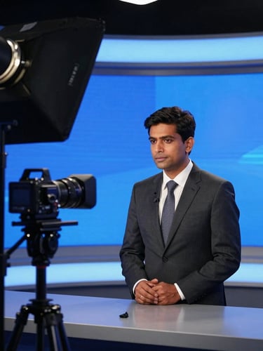 Dramatic studio key lighting on a professional news anchor presenting in a modern high-contrast Dhaka newsroom, deep charcoal and electric blue tones, cinematic broadcast photography, 35mm lens