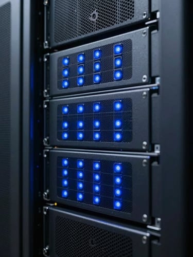 Macro close-up of high-performance server racks with sharp indigo indicator lights in a dark, structured Delaware data center, architectural, 35mm