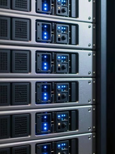 Macro close-up of high-density server racks, clean cool-toned indigo indicator lights, brushed silver metal frames, structured grid layout, 35mm photography.