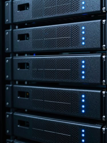 Macro close-up of high-performance server racks with subtle blue indicator lights in a dark, cool-toned data center, 35mm photography