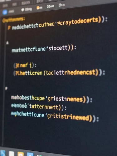 Macro shot of clean code blocks on a dark monitor with warm gold ambient highlights, sharp focus, 35mm