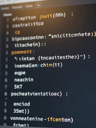 Macro shot of clean code blocks on a dark monitor with subtle warm gold highlights, premium corporate technology photography, sharp focus, 35mm