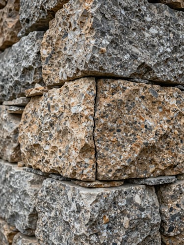 Extreme close-up of a dry-stack stone structural joint in a mountain building wall, north-facing overcast light revealing the precise fit of weathered granite blocks, fine mortar lines and surface texture in sharp focus, warm taupe and ochre tones against cool grey stone, no human presence