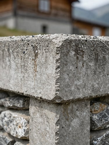 Extreme close-up of weathered reinforced concrete corner joint with visible aggregate texture and moisture staining, north-facing diffused alpine daylight, shallow depth of field isolating the structural detail against a blurred stone-and-timber wall