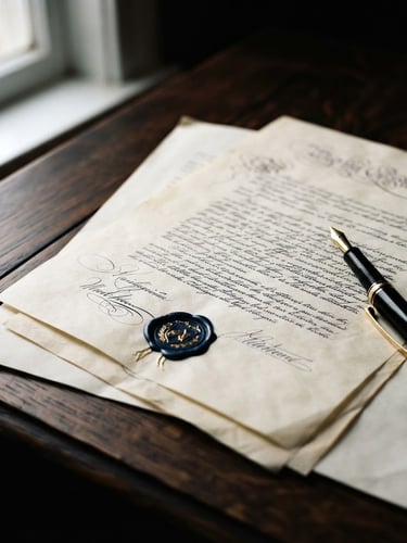 Close-up of legal documents and a fountain pen on a dark wooden desk, dramatic side-lit window light, deep navy and gold tones, sharp focus.