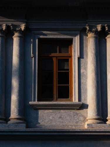 Dignified architectural detail of a traditional Indian court building facade with high columns, dramatic side-lit window light, deep navy shadows, editorial legal photography style