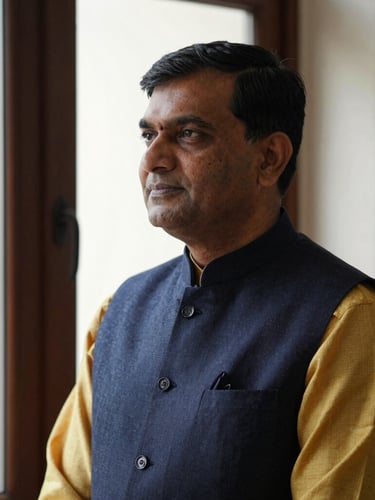 Dignified portrait of Adv Shailender Bahl in professional attire, side-lit, deep navy and gold tones, sharp focus.