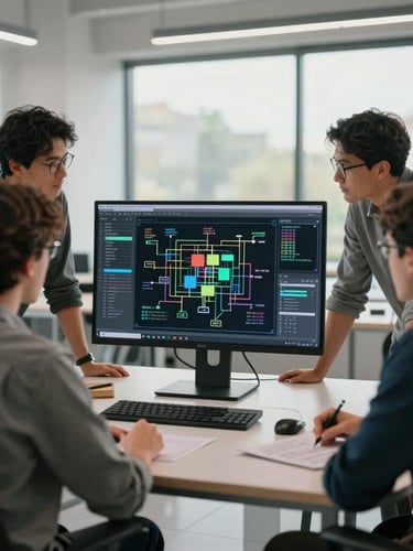 A clean, modern architectural workspace with team members collaborating around a large monitor showing technical system architecture diagrams, cool natural daylight.