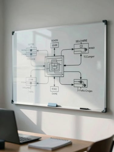A clean architectural workspace with a technical system diagram plotted on a whiteboard, cool natural daylight, medium shot.