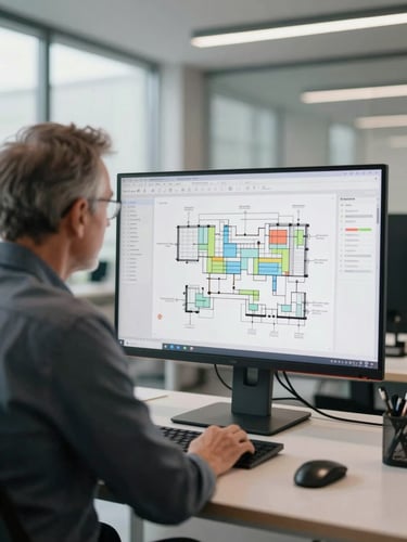 A clean, modern architectural workspace with a senior engineer reviewing complex system architecture diagrams on a large monitor under soft daylight.