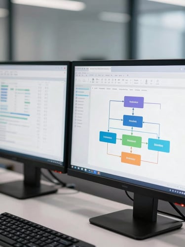 A close-up of a modern clean workstation in London with dual monitors displaying structured database schemas and clean system architecture diagrams, cool daylight.