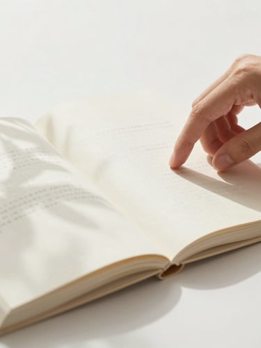 Portrait shot of a hand gently turning the page of a physical book, soft diffused daylight casting subtle botanical shadows on the page, warm muted tones, clean white background, elegant Chinese typography visible, focus on the texture of paper and the thoughtful gesture.