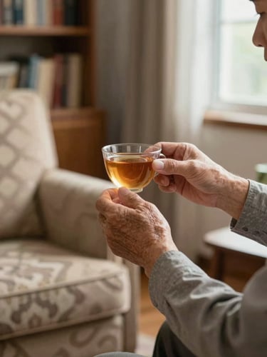 Close-up of a caregiver's steady hands gently steadying an elderly man's hands as he lifts a cup of tea in a warmly lit living room, natural window light from the right, a patterned armchair and bookshelves softly out of focus in the background, the focus entirely on the hands in quiet contact
