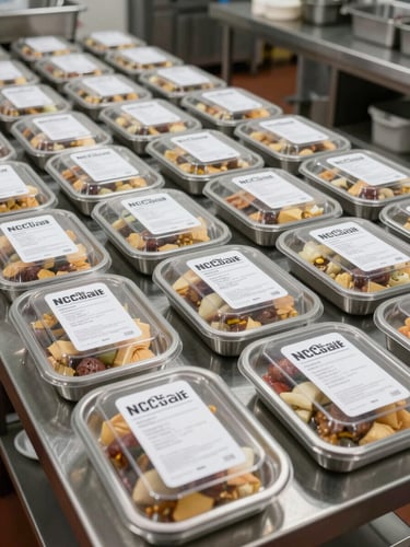 Wide environmental shot of neatly arranged institutional meal trays packed and labeled for scheduled dispatch, stacked in rows on a stainless steel prep surface under bright even overhead lighting, kitchen prep line visible in background, no people in frame