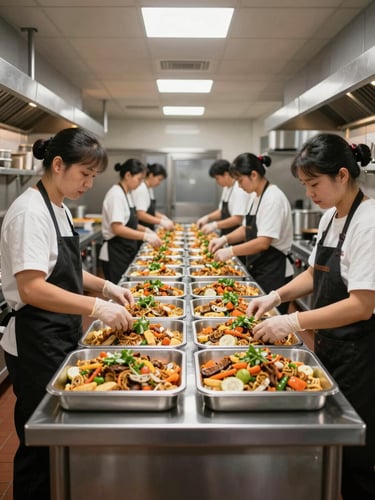 Wide environmental shot of a commercial kitchen prep station in active operation, workers in uniform at stainless steel counters preparing large-volume food trays under bright even overhead lighting, showing organized scale and systematic workflow without posed elements