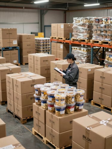 Wide environmental shot of a commercial dispatch area with labeled cardboard boxes and packaged ingredient containers stacked in organized rows on pallets, a warehouse worker in uniform checking a clipboard against a stack of goods under bright overhead industrial lighting, showing scale and systematic order preparation