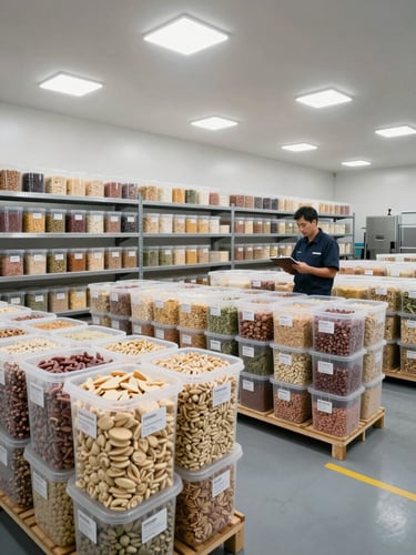 Wide environmental shot inside a food production facility, large labeled ingredient bins stacked in organized rows under bright overhead lighting, a worker in uniform checking inventory on a clipboard, shelving units packed with sealed bulk containers extending to the back wall, cool studio-quality lighting, no mood or warmth, framed to show scale and order