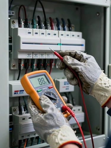 Close-up of a professional electrician wearing thick insulated safety gloves testing a complex modern electrical panel with a digital multimeter, high contrast technical lighting.