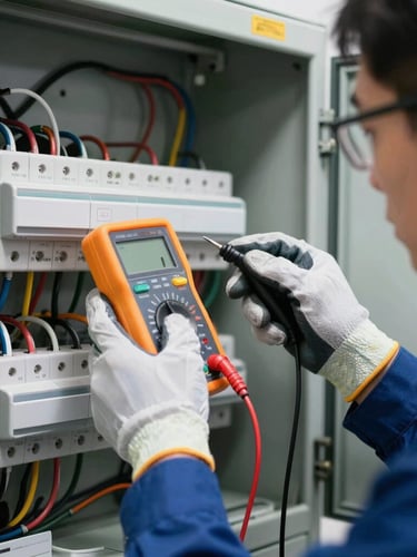 Close-up of a professional electrician in a clean uniform wearing safety gloves and glasses, using a digital multimeter to test a modern, organized electrical panel with clean wiring, technical high-contrast lighting.