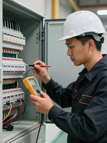 A professional electrician in a clean dark uniform and safety helmet inspecting an industrial electrical panel with a digital multimeter, sharp technical lighting, focused workspace.