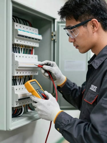 A professional electrician in a clean, branded dark uniform wearing safety glasses and protective gloves, carefully testing a modern electrical panel with an insulated multimeter. Clean, technical lighting, high contrast, sharp details.