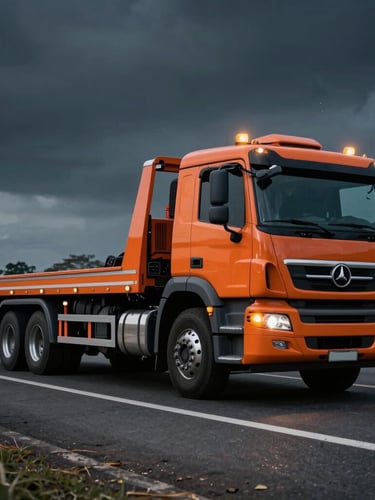 Low-angle dynamic shot of a modern orange flatbed tow truck parked on a Brazilian highway shoulder, amber safety lights flashing, cinematic dramatic lighting, sharp focus, 35mm lens