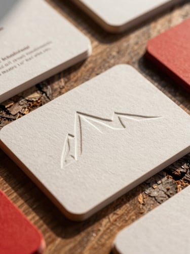 Close-up macro shot of debossed business cards on raw oak bark, warm mountain sunlight, sharp shadows