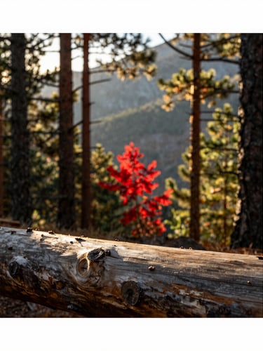 Warm afternoon mountain sunlight filtering through pine trees, raw wood texture in the foreground, shallow depth of field, rustic editorial photography