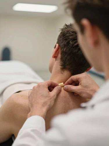 Close-up over-shoulder angle of a chiropractor's hands adjusting a patient's cervical spine on a treatment table, clinical fluorescent lighting, no warm tones, white coat visible at edge of frame, documentary style
