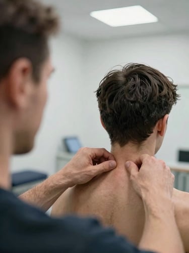 Close-up over-shoulder angle of a chiropractor's hands adjusting a patient's cervical spine on an exam table, clinical ambient fluorescent light, white clinical walls visible in background, sharp focus on the hands and contact point, no faces shown