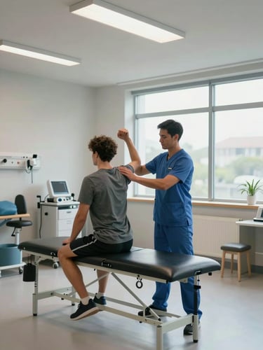 Wide environmental shot of a clinical rehabilitation floor, physical therapist guiding a patient through a shoulder range-of-motion exercise beside a treatment table, clinical fluorescent overhead lighting, medical equipment visible in background, north-facing window fill on the patient's side