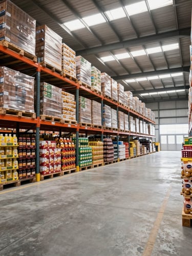 Wide-angle photograph of a modern industrial warehouse in Cusco, clean concrete floors, high pallet racks stacked with food products, bright natural light, professional corporate atmosphere.