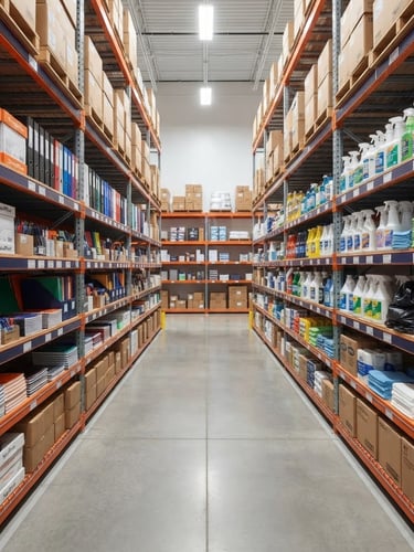 Clean corporate warehouse aisle, neatly stacked bulk stationery and housekeeping supplies, bright high-key studio lighting, organized layout, crisp navy and orange accents, sharp focus.