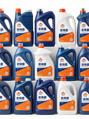 Eye-level shot of organized rows of industrial-grade cleaning supplies, including floor cleaners and disinfectants, in a warehouse setting, bright high-key lighting, straight-on framing, crisp navy and orange accents.