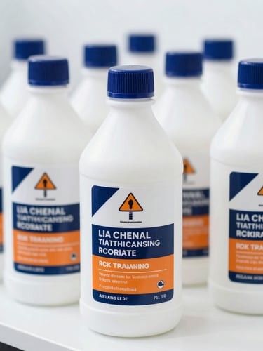 Close-up of industrial cleaning chemical bottles, clearly labeled with safety seals, in a bright, high-key laboratory setting, organized layout.