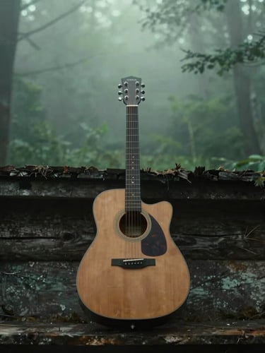 A worn acoustic guitar resting against a rustic cabin wall in the heavy fog of an overcast morning, desaturated forest green tones, moody cinematic lighting.