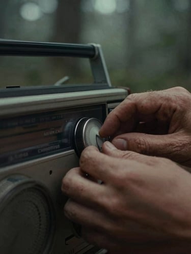Close-up of weathered hands adjusting the analog dial of a vintage radio receiver, warm low-key lighting, 35mm film grain