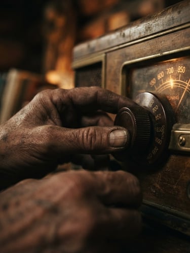 Extreme close-up of weathered hands adjusting a vintage analog radio dial, warm low-key lighting, 35mm film grain, moody atmospheric depth of field.