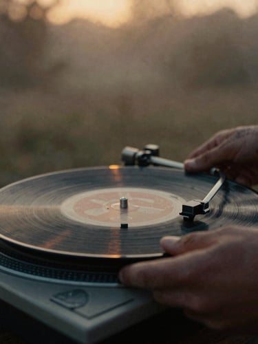 Close-up of weathered hands holding a dusty vinyl record over a turntable, soft golden-hour twilight, moody shadows, 35mm grain