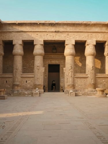 Portrait shot of a serene, empty ancient Egyptian temple courtyard at sunrise, with soft, warm light illuminating the hieroglyphs. No people visible, emphasizing exclusivity. 35mm, shallow depth of field.