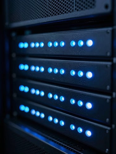 Macro shot of a secure server rack with cool-toned blue LED indicators, dark low-key neon lighting, sharp focus