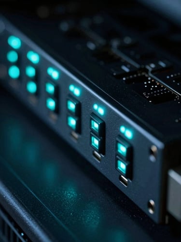 Extreme macro shot of a server node with electric cyan LED indicators, dark low-key neon lighting, sharp focus, technical style