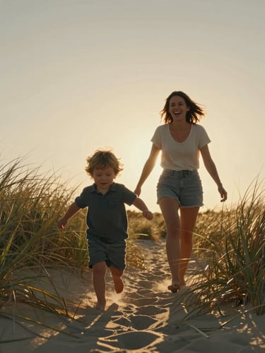 Low-angle golden hour shot of a mother laughing as her toddler runs through tall beach grass, warm backlighting, cinematic wide frame.