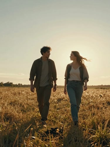 Cinematic wide shot of a couple walking through a sun-drenched golden hour meadow, wind-blown hair, warm backlighting, low-angle sun flare, unposed.