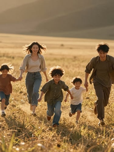 Cinematic wide shot of a young family running through a golden wild grass field, wind-blown hair, warm low-angle backlighting, natural sun flare, candid joy.